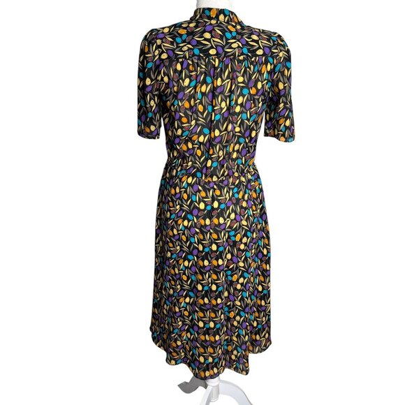 Vintage 80s Stuart Alan Midi Dress Size Medium Black Floral Pockets Short Sleeve - Picture 4 of 6